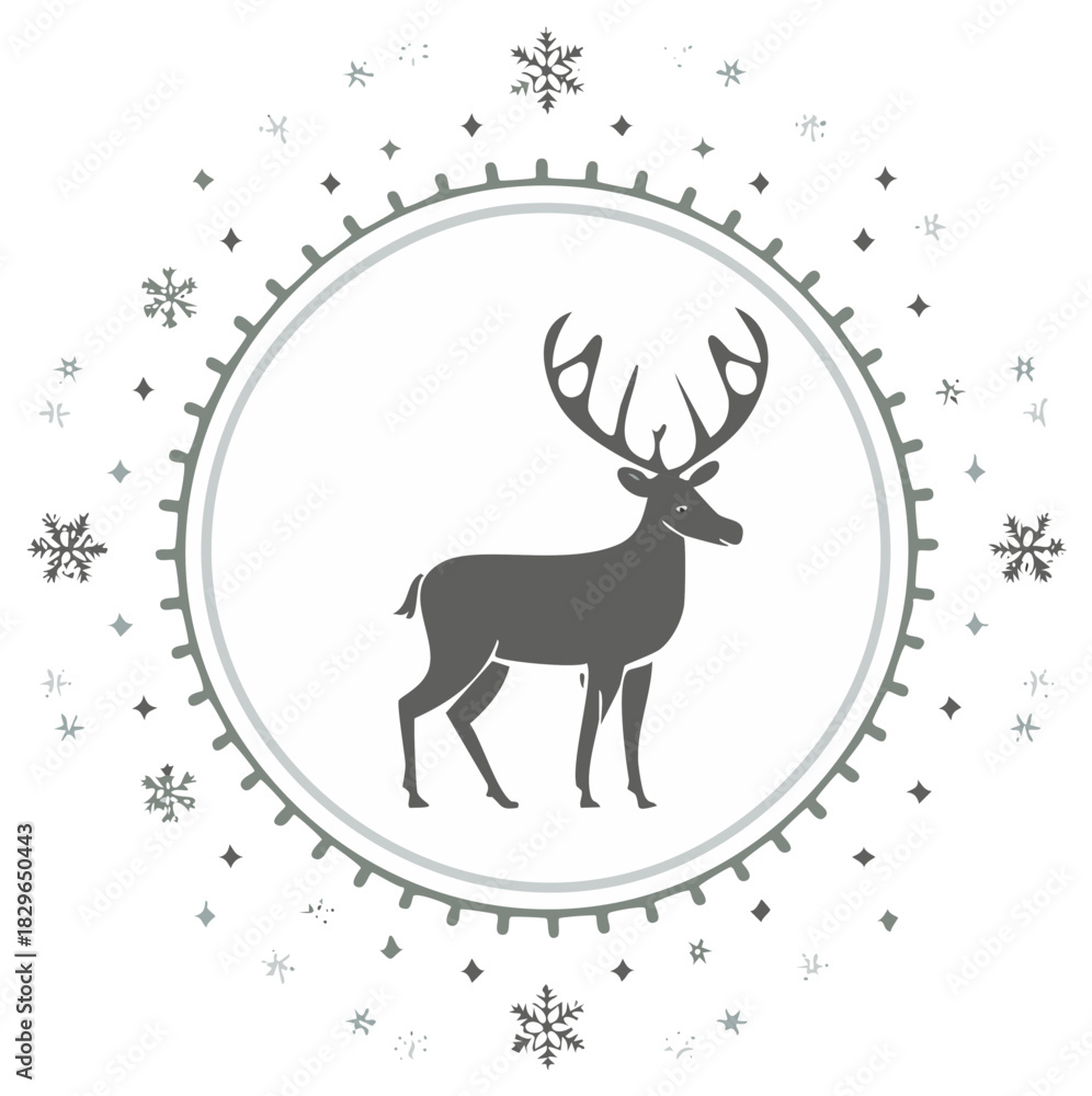 Naklejka premium Elegant winter holiday illustration with a reindeer silhouette in a circular snowflake frame