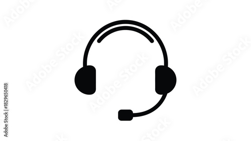 A simple black and white illustration of a headset with a microphone on a plain white background