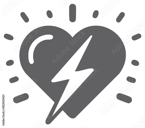 Heart icon with lightning bolt representing cardiac arrest, defibrillation, or sudden passion