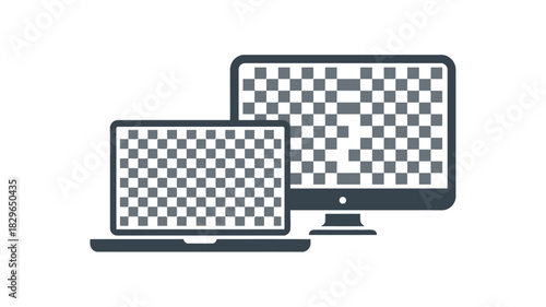 A laptop and computer monitor with a checkered pattern on the screens on a white background