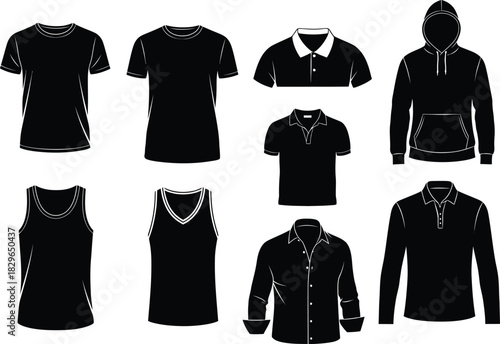 Set of black clothing silhouettes t shirts tank tops polo hoodie and jacket