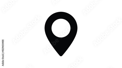 A black map pin icon with a round hole indicating location and direction on a white background space