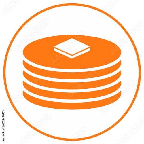 Stack of Pancakes with Butter in Orange Circle, Breakfast Concept, Icon