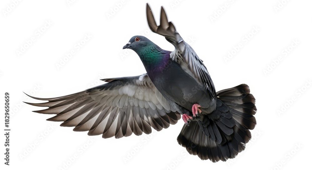 Fototapeta premium A striking isolated image of a pigeon mid-flight, wings spread against a pure white backdrop