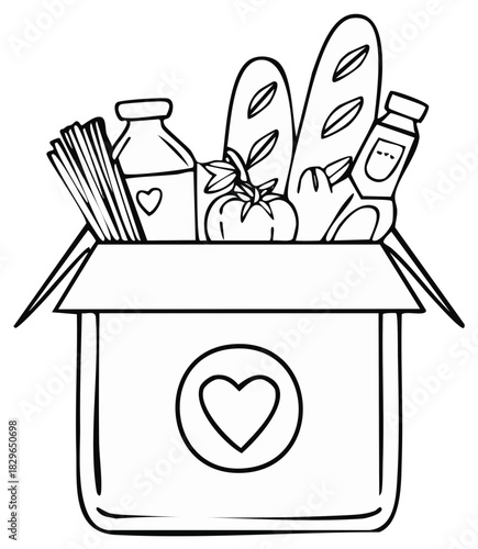 Food Box with Bread Pasta Sauce and Heart Outline Illustration for Charity Donation