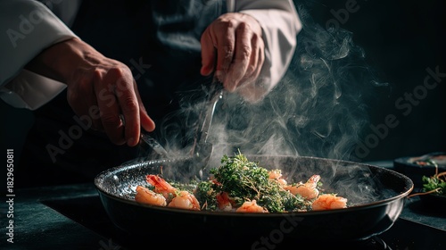 A professional chef cooks shrimp in a frying pan with parsley. On a dark background. In motion.