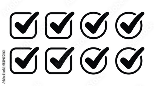 A collection of eight black check mark icons in squares and circles on a white background design set