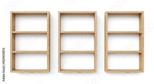 Three empty wooden wall shelves mounted side by side isolated on white background