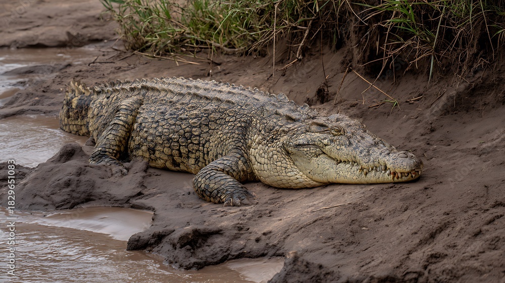 Obraz premium A large crocodile rests on the muddy bank of a river, its scaly skin blending with the earth tones
