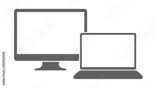 Illustration of a desktop computer monitor and a laptop computer in gray on a white background space 100