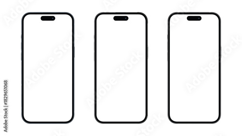 Three smartphones with blank white screens lined up against a white background in a studio shot