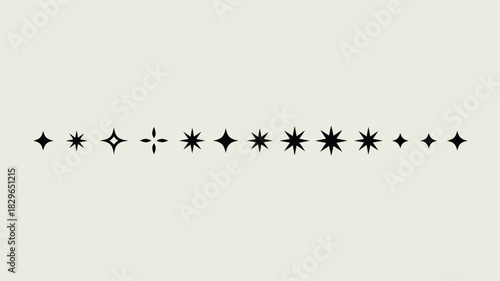 A straight line of assorted black star shapes against a light cream colored background illustration art