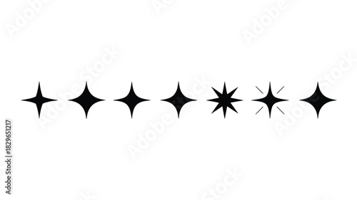 A horizontal arrangement of varied black star shapes on a plain white background in a simple illustration