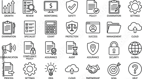 Business Management and Finance Line Icons Set Security, Audit, Compliance, Growth, Monitoring, and Policy, Editable Stroke Vector.