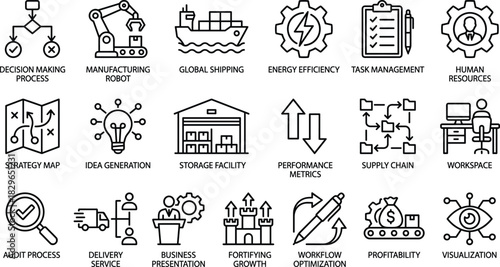 Business Management and Industrial Process Line Icons Set Strategy, Logistics, Optimization, Manufacturing, Delivery, and Growth, Editable Stroke Vector.