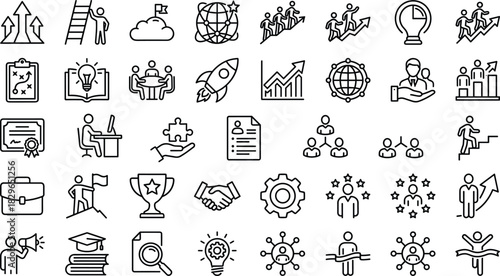 Business Success and Career Growth Line Icons Set Leadership, Strategy, Motivation, Achievement, Teamwork, and Development Vector Illustration Content.