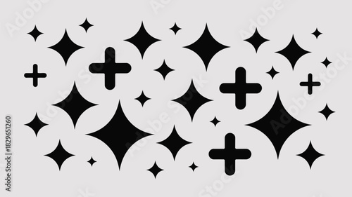 A pattern of black stars and plus signs on a light gray background creating a decorative design look