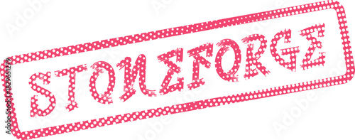 Distinctive red polka dot textured stamp imprint featuring the bold word STONEFORGE framed rectangularly