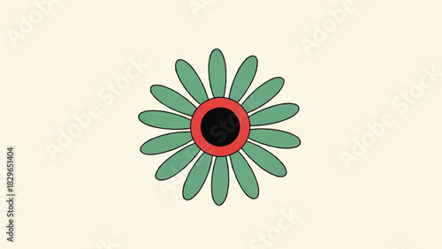Retro-Inspired Floral Design with Green Petals and a Bold Red Center