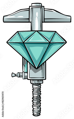 Conceptual illustration of a valuable diamond under pressure in a metal C-clamp vise