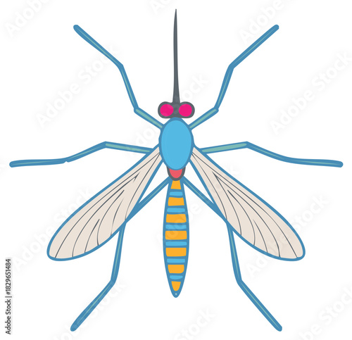 Colorful cartoon mosquito vector illustration. Top view of a flying insect pest icon.