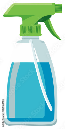 Clear Plastic Spray Bottle With Green Trigger Filled With Blue Liquid