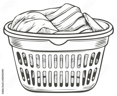 Laundry Basket Filled with Clothes Outline Hand Drawn Illustration