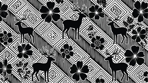 Monochrome Deer Pattern with Floral and Geometric Elements for Decorative Designs