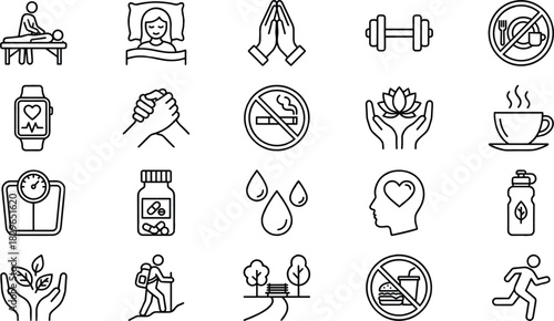 Healthy Lifestyle and Wellness Line Icons Set Fitness, Nutrition, Sleep, Meditation, Exercise, and Mental Health Vector Illustration Content.