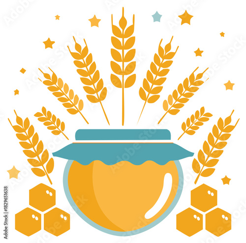 Illustration of a jar of honey with wheat and honeycomb elements.