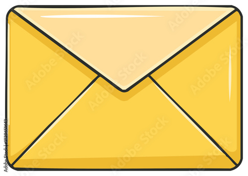A vibrant yellow envelope with a classic flap design and bold black outlines
