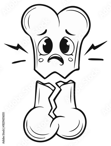 Cartoon bone character with a break and sad expression illustrating pain and injury