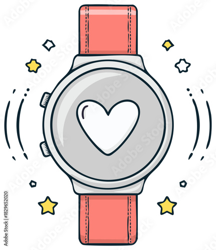 Cartoon smartwatch displaying a heart symbol for health monitoring and digital wellness