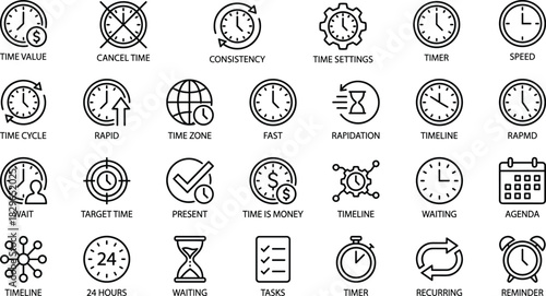 Time Management and Schedule Line Icons Set Timer, Time Zone, Deadline, Rapid, Consistency, Agenda, and Value Vector Illustration Content.