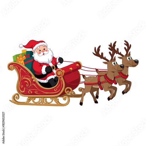 Santa Claus in a sleigh pulled by reindeer with gifts, festive holiday illustration