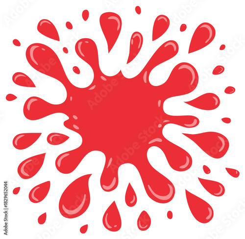 Bright Red Splatter with Droplets Radiating Outward, Paint Spill Cartoon Style Vector