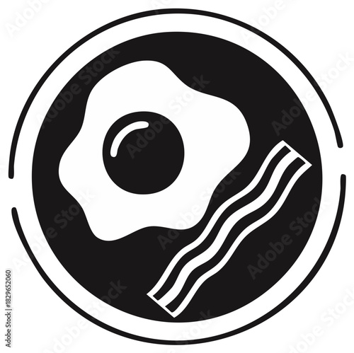 Breakfast Icon: Fried Egg and Bacon Strips on a Plate for Meal Concept in Vector Format