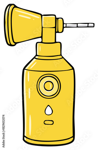 Vibrant yellow handheld device illustration, featuring a bell-shaped nozzle and water droplet icon, in a simple doodle style.