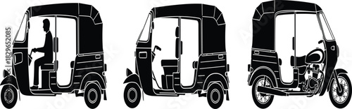 Set of Three Auto Rickshaw Silhouette Illustrations Showing Different Views of the Traditional Asian Public Transport Tuk-Tuk Taxi Vector