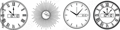 Vector Illustration Set of Four Unique Analog and Digital Clocks Displaying Time, Deadline, Schedule, and Urgency Concepts with Roman Numerals