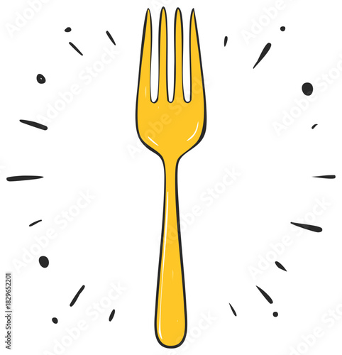 Hand drawn cartoon yellow fork icon with ticking clock lines for hunger or meal time