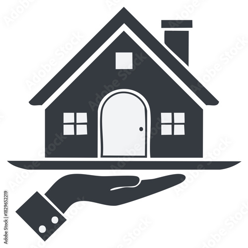 Stylized graphic illustration of a hand presenting a house icon symbolizing real estate service and property ownership