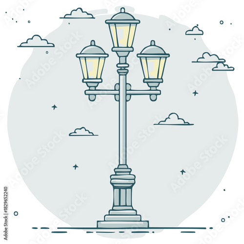Stylized Streetlight Illustration with Multiple Lamps and Simple Cloud Graphics on a Light Blue Background