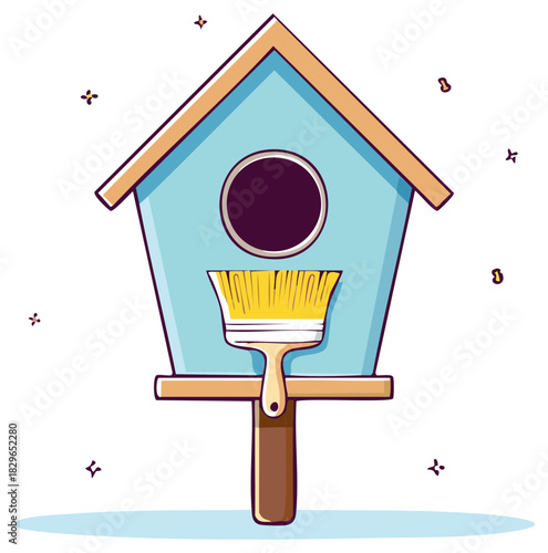 Painting a Blue Birdhouse Illustration Freshly Renovated Housing Project Springtime Renovation