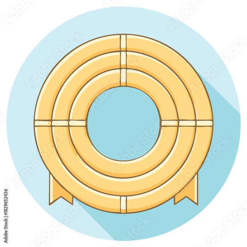 Yellow life preserver ring with ribbon and long shadow on blue circle
