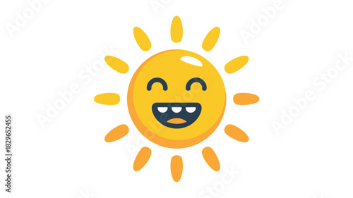 A cartoon sun with a smiling face and rays of light emanating from it on a white background space