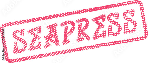 Distressed seapress word stamp with a vibrant pink color and halftone dot pattern