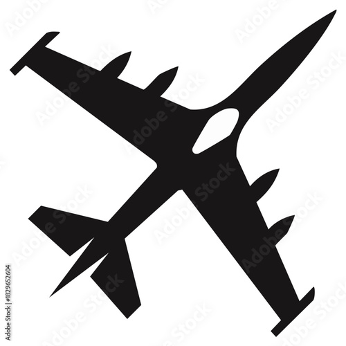Sleek black silhouette vector icon of a powerful military jet aircraft equipped with underwing missiles flying through the sky