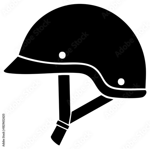 Black helmet with visor and chin strap for safety