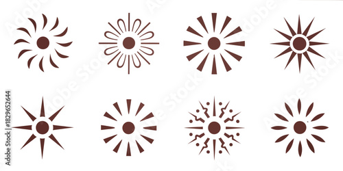 Sunburst shapes, vintage sun rays and sunburst explosion, round doodle fireworks illustration, radial sun star beams, sunset and sunrise vector graphic collection.